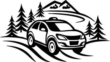 Adventure Vehicle Driving Through Scenic Mountain Landscape with Trees and Curvy Road vector
