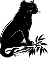 Elegant Black Panther Silhouette Sitting on a Branch with Leaves Ideal for Tattoo or Art Design vector