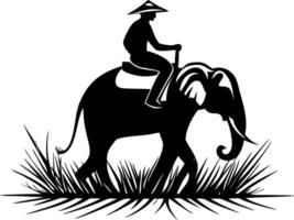 Elephant Ride with Handler in Traditional Hat Surrounded by Natural Grassland vector