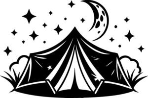 Camping Tent Under Starry Sky with Moon and Clouds for Outdoor Adventure Designs vector