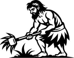 Strong Primitive Man Using Hoe for Agriculture in Ancient Farming Scene vector