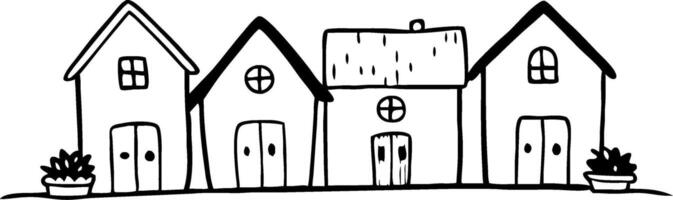 Charming Set of Hand-Drawn Houses with Potted Plants for Home Decor and Coloring Fun vector