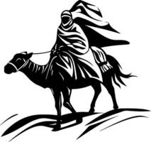 Silhouette of a Camel Rider in Traditional Attire on a Desert Landscape vector