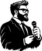 Stylish Man with Beard and Glasses Holding Microphone in Formal Attire Art vector