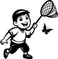 Playful Boy Catching Butterfly with Net Illustration for Kids Activities and Crafts vector