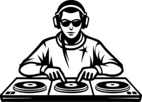 Energetic DJ Mixing Music at Turntables with Headphones for Parties and Festivals vector