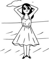 Charming Summer Girl in Dress Enjoying Beach Vibes with Sunglasses and Flowing Hair vector