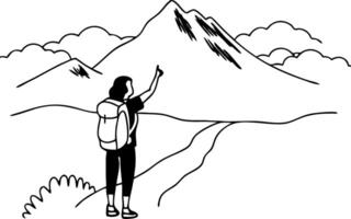 Hiker Pointing Towards Majestic Mountain Landscape Adventure Travel Design vector