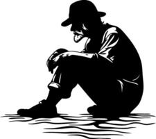 Contemplative Elderly Man Silhouette Sitting with Reflection on Water Ideal for Tattoo Designs vector