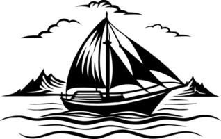 Black Silhouette Sailboat on Tranquil Water with Mountains and Clouds Perfect for Tattoos and Decor vector