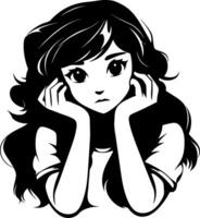 Thoughtful Girl with Long Hair in Casual Attire Reflecting Emotion and Mood vector