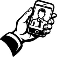 Hand Holding Smartphone Displaying Professional Portrait for Digital Identity Showcase vector