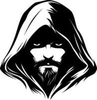 Mysterious Hooded Figure with Intense Expression Ideal for Tattoo Design and Graphic Art vector