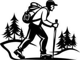 Active Hiker Climbing Through Pine Forest with Backpack Using Trekking Pole for Outdoor Adventure vector