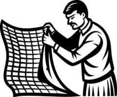 Vintage Man Adjusting Fishing Net Professional Fisherman Craftsmanship Illustration vector