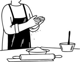 Baking Preparation Hands Clapping Flour in Kitchen with Rolling Pin and Mixing Bowl vector