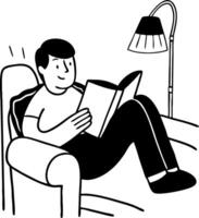 Man Relaxing on Couch Reading Book Under Lamp Cozy Home Environment Illustration vector