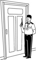 Security Guard Holding Walkie Talkie Beside Door Illustration for Professional Use vector