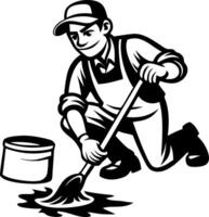 Professional Cleaner Scrubbing Floor with Mop and Bucket in Minimalist Style Illustration vector