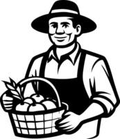 Smiling Farmer Holding Harvest Basket of Fresh Apples for Organic Farming and Agriculture Themes vector