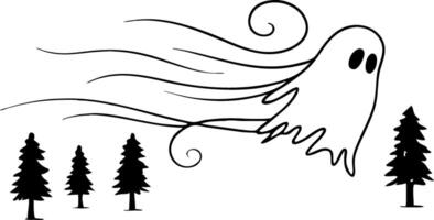 Whimsical Ghost Flying Over Forest Trees Illustration for Halloween Decor and Tattoo Design vector