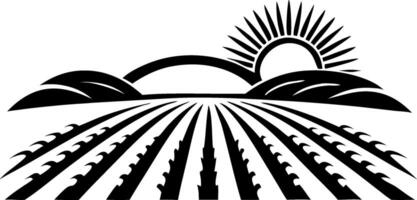 Sunrise Over Rolling Fields with Plowed Rows and Stylized Hills Perfect for Farm Themes vector