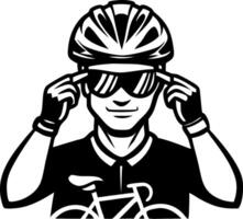 Cyclist Adjusting Sunglasses and Helmet with Bicycle Graphic for Sports Design vector