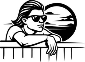 Sleek Man in Sunglasses Gazing at Sunset Over Mountains Design for Trendy Art Projects vector