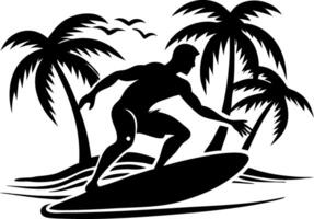 Surfer Riding Waves with Palm Trees and Birds in a Tropical Paradise Scene vector