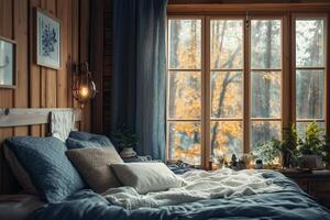 A bedroom with a bed and window photo