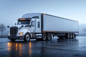 A semi truck driving on a wet road photo