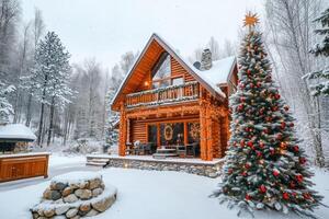 A log cabin with a christmas tree in the snow photo
