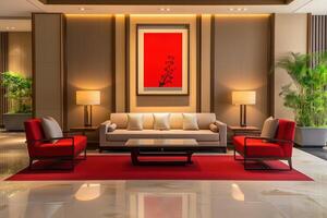 A living room with a red rug photo