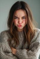 A young woman with long, wavy hair making a funny, exaggerated facial expression. She is wearing a cozy, oversized sweater and has her arms crossed, conveying a playful mood. photo