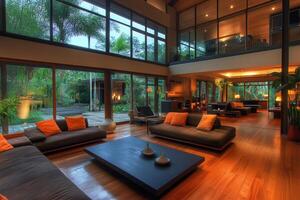 A living room with a couch, coffee table, and a coffee table photo