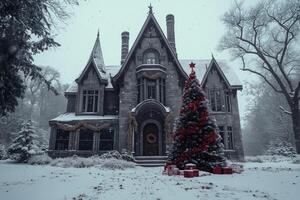 A christmas tree is in front of a large house photo