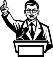 Powerful Politician Delivering Inspiring Speech at Podium with Raised Hand Gesture vector