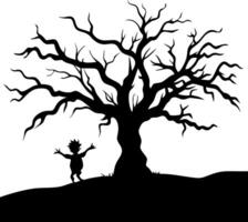 Eerie Silhouette of a Twisted Tree with a Playful Child in a Fantasy Landscape vector