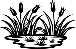 Stylized Black Silhouette of Tulips and Grass by a Tranquil Water Body for Creative Projects vector