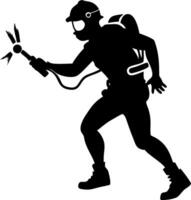 Firefighter Silhouette Using Hose for Fire Extinguishing Action Illustration vector