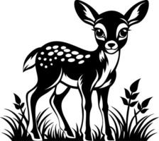 Adorable Black and White Fawn Standing Among Grass Ideal for Coloring Books and Tattoo Designs vector