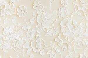 Seamless textured wall featuring intricate white floral designs, showcasing various flowers and leaves in a delicate, embossed style against a soft beige background. Wedding texture background. photo