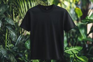 Black t - shirt mockup in tropical jungle photo
