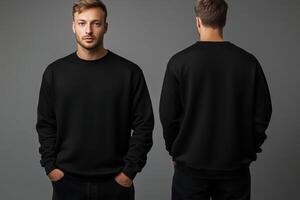 Two men in black sweatshirts mock up on gray background photo