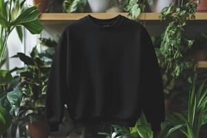 A black sweatshirt mockup against a backdrop of lush green plants. The garment is hanging in a well-lit area, showcasing its simple and stylish design. photo