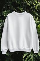 A plain white sweatshirt mockup against a backdrop of lush green leaves, highlighting its simple design and texture. photo
