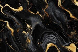 Seamless stunning abstract background featuring swirling black and gold patterns. The design showcases a blend of dark tones with shimmering gold accents, creating a luxurious and elegant appearance. photo