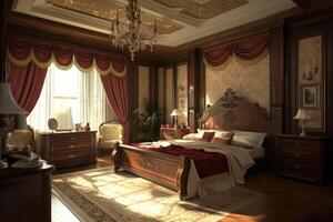 A bedroom with a large bed and a chandelier photo