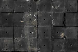 Seamless textured wall made of large, dark rectangular panels with visible wear and tear. Some panels show signs of damage and discoloration, with small holes present in a grid pattern. photo