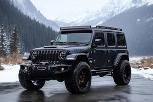 The jeep is parked in front of a mountain photo